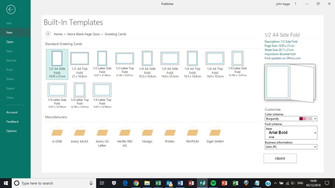 Publisher page sizes - greeting card sizes screen shot