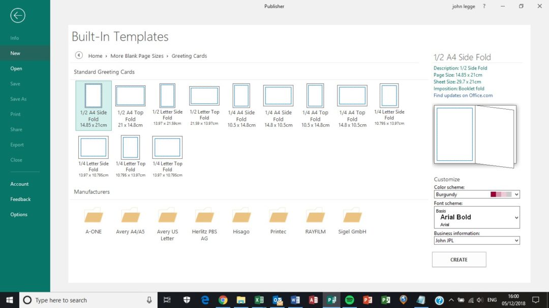 Publisher page sizes - greeting card sizes screen shot