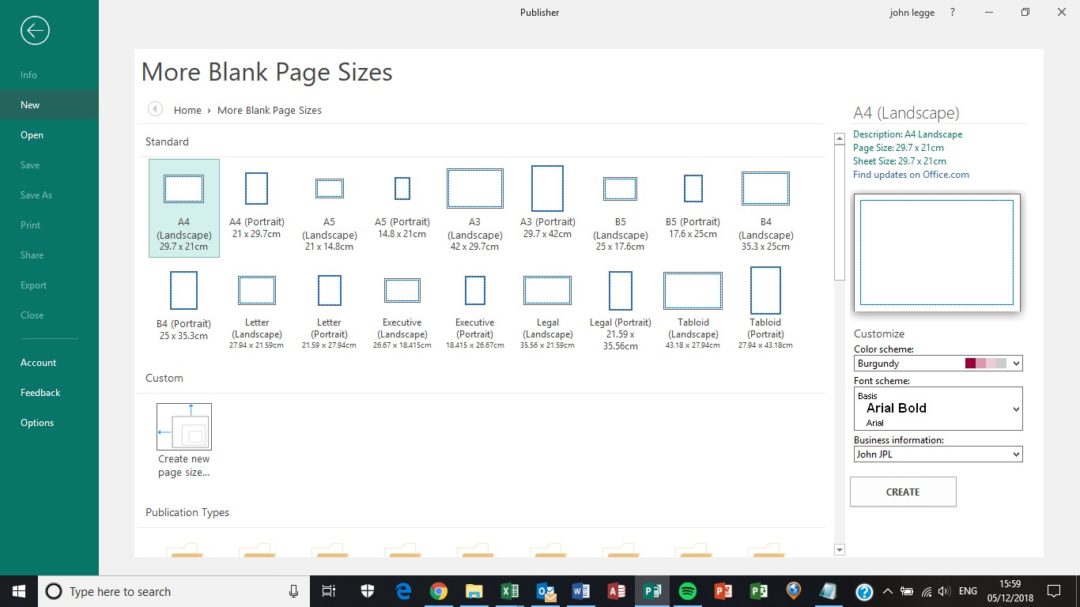 Publisher page sizes - more blank page sizes screen