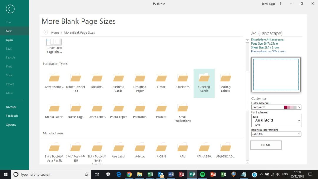 Publisher page sizes - screen shot of publication types