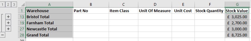 Excel Charts - subtotals screen image