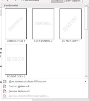 Word Basics Watermarks - Drop down menu for watermark button