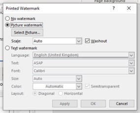 Word Basics Watermarks - picture watermark options