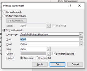 Word Basics Watermarks - text watermark options