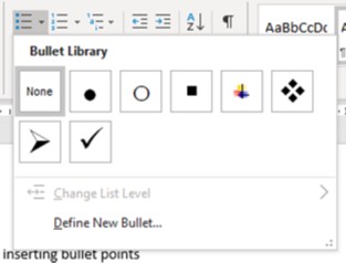word basics bullet points: bullet point button in Word