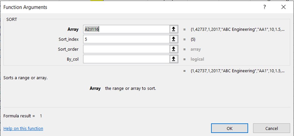 SORT Function in Excel: SORT function box