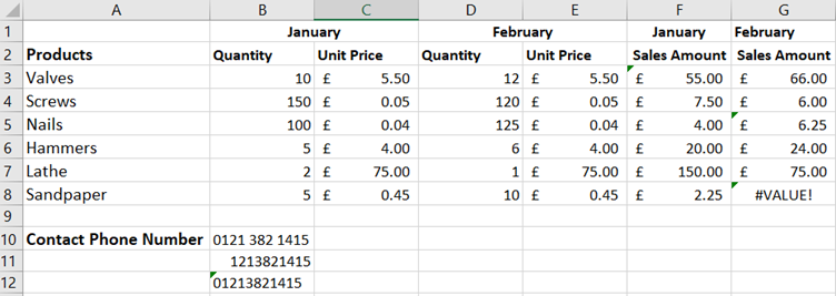 Excel green triangle errors: screenshot of worksheet