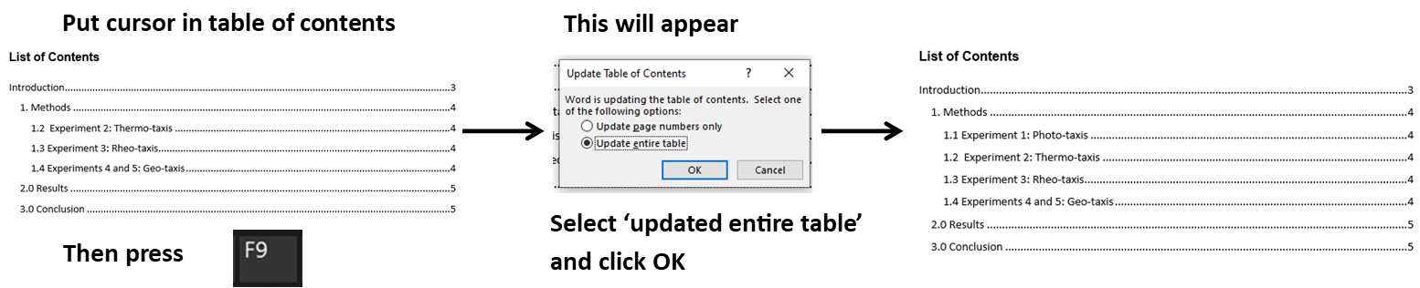 Putting cursor in table of contents and pressing F9 key to update it