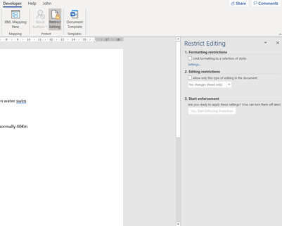 Word Documents Protection: Step 2 developer tab restrict editing image