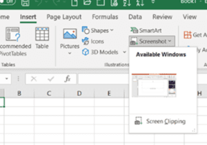 Common Office 365 features: insert screen clipping screenshot