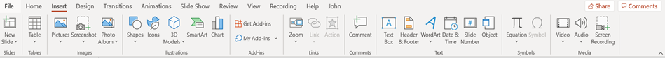 Screenshot of the Insert Tab in PowerPoint