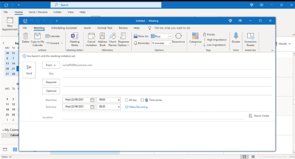 Creating meetings in Outlook: screenshot of the new meeting window