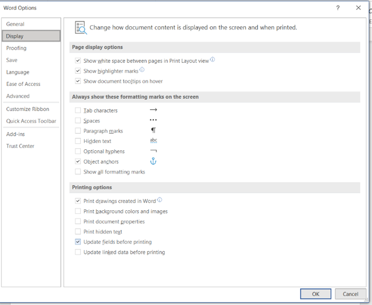 Custom printing in Word - Word options screenshot