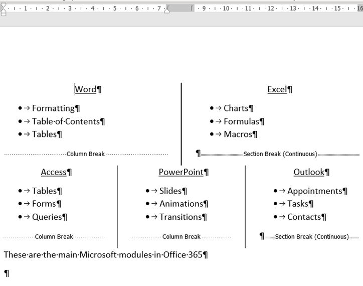 Column and section breaks in Word: screenshot of both column and section breaks in use