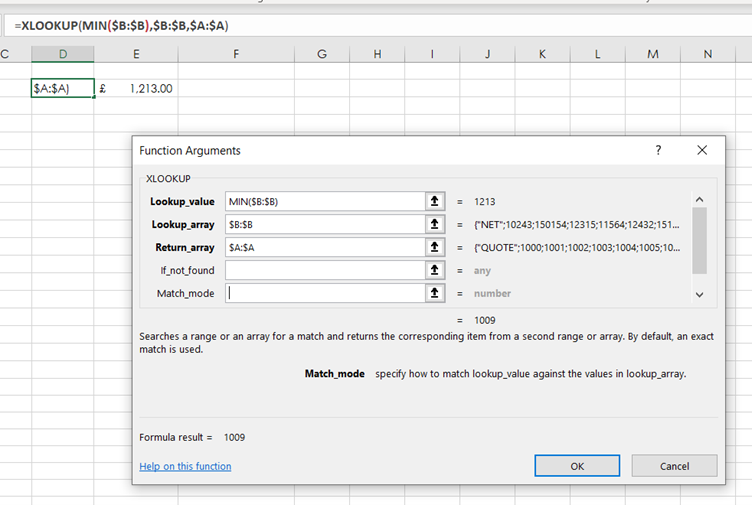 Nested XLOOKUP with MIN function: fx screenshot image