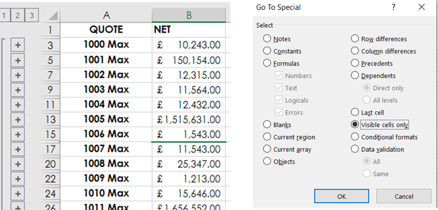 Data Subtotals with visible cells: Subtotalled list and Go To Special screenshot image