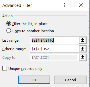 Advanced Filtering methods: screenshot of advanced filtering window