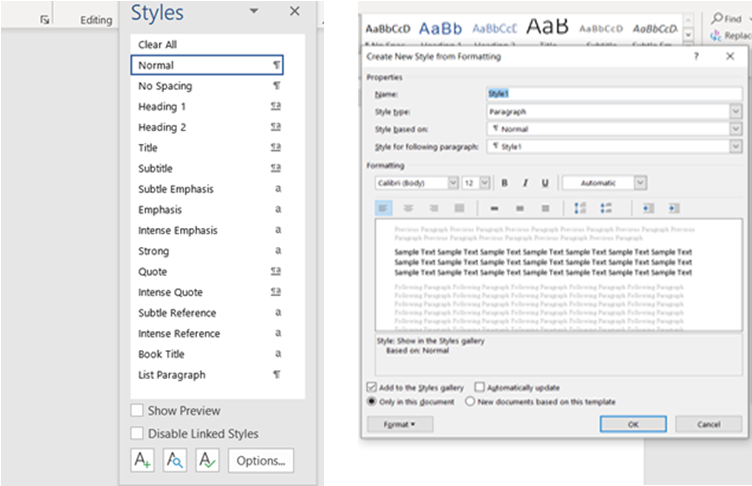Creating a Word Style: screenshot of styles list and dialogue box launcher