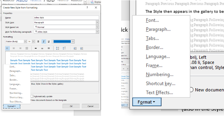 Creating a Word Style: screenshot of new style window with options