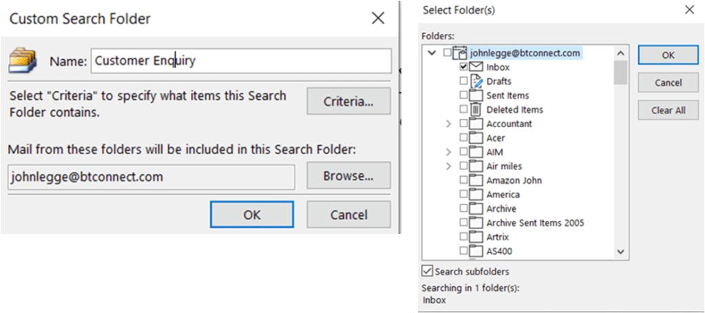 Outlook searches: search folder screenshot