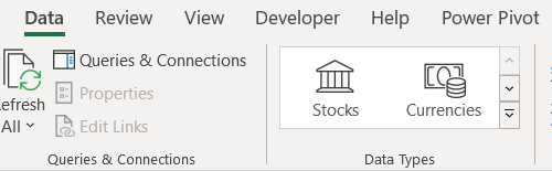 Excel currency data types: screenshot of Data Tab