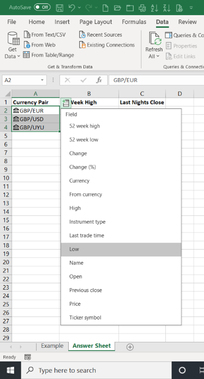 Excel currency data types: screenshot of steps for currency data types