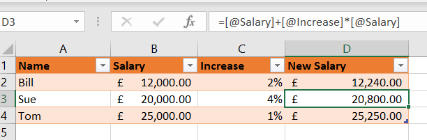 Excel table based formulas: screenshot of the filled in formulas