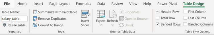 Excel table based formulas: screenshot of tab with table name shown