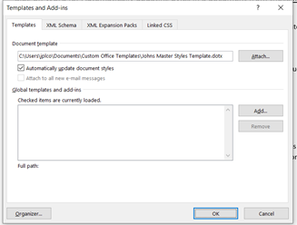 Automatically updating Styles in Word: Templates and Add-ins dialogue box screenshot