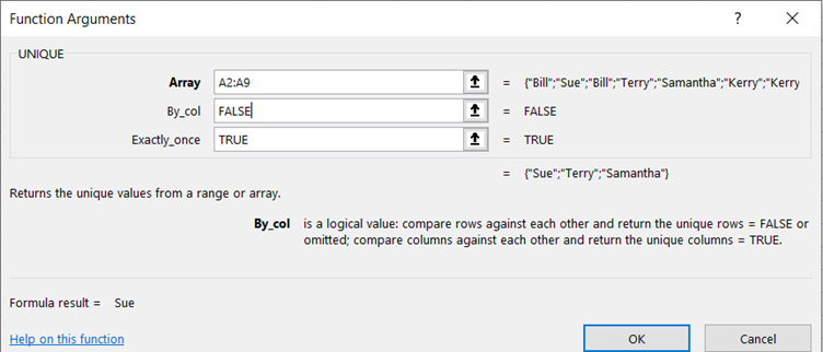 UNIQUE function in Excel: Variation 1 screenshot