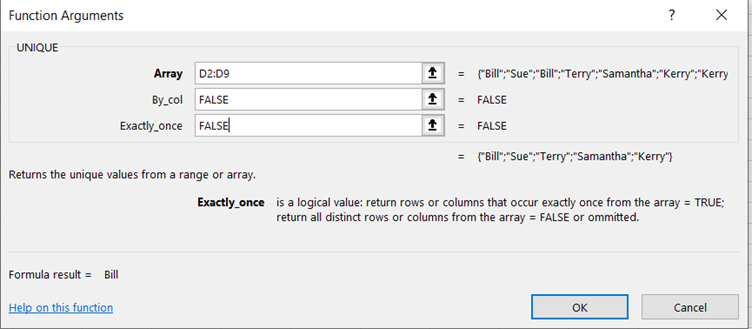 UNIQUE function in Excel: Variation 2 screenshot