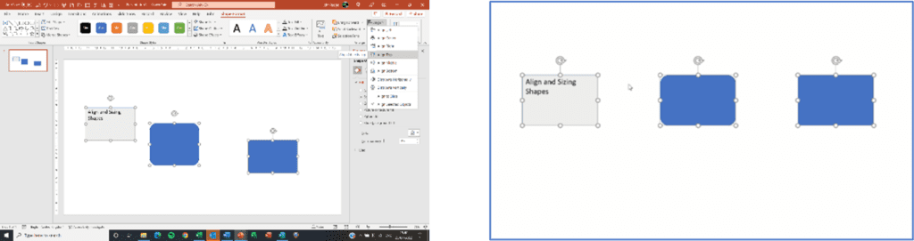 PowerPoint Aligning and Sizing Shapes: method 1 using align button
