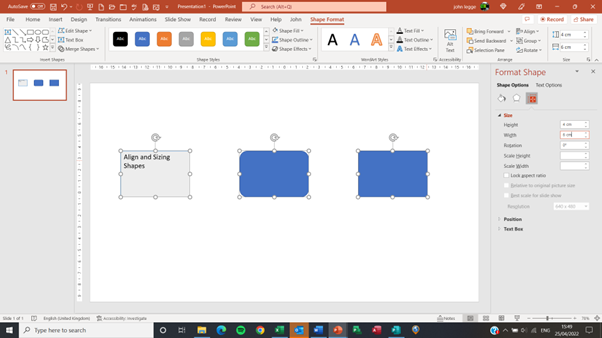 PowerPoint Aligning and Sizing Shapes: screenshot of all shapes the same size and aligned