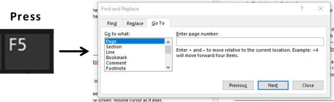 Word Shortcuts Part 3: F5 key opens up the Go To tab in dialog box