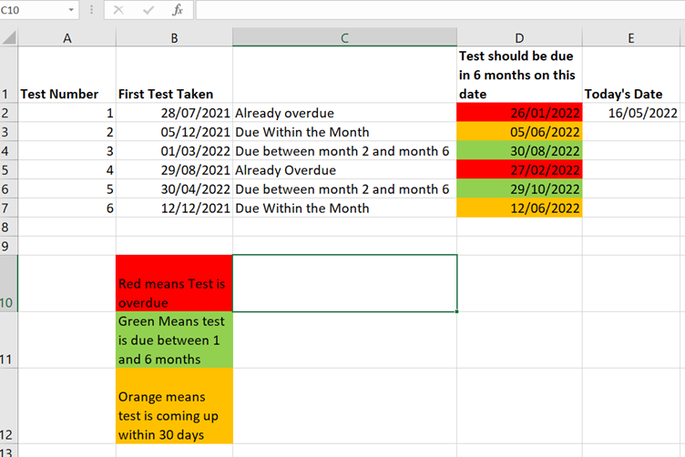 Conditional Formatting with Dates: Spreadsheet screenshot