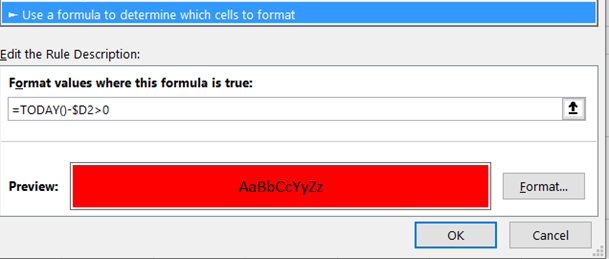 Conditional Formatting with Dates: Red rule screenshot