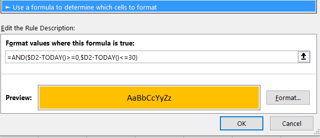 Conditional Formatting with Dates: Orange rule screenshot