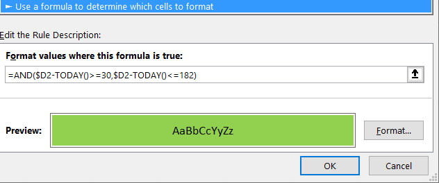 Conditional Formatting with Dates: Green rule screenshot