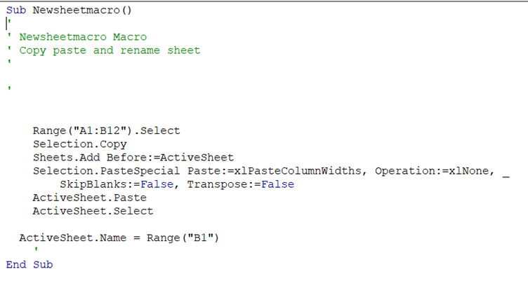 Copy Paste Macro in Excel: screenshot of coding breakdown of macro