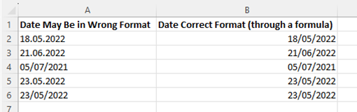 Date Reformatting in Excel: screenshot of dates 