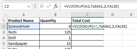 vlookups in excel: first vlookup screenshot