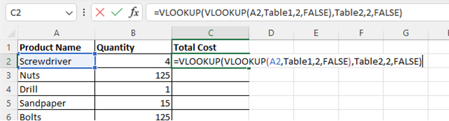 vlookups in excel: nested vlookup screenshot