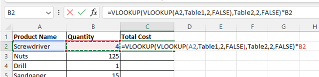 vlookups in excel: nested vlookup plus multiplication calculation screenshot