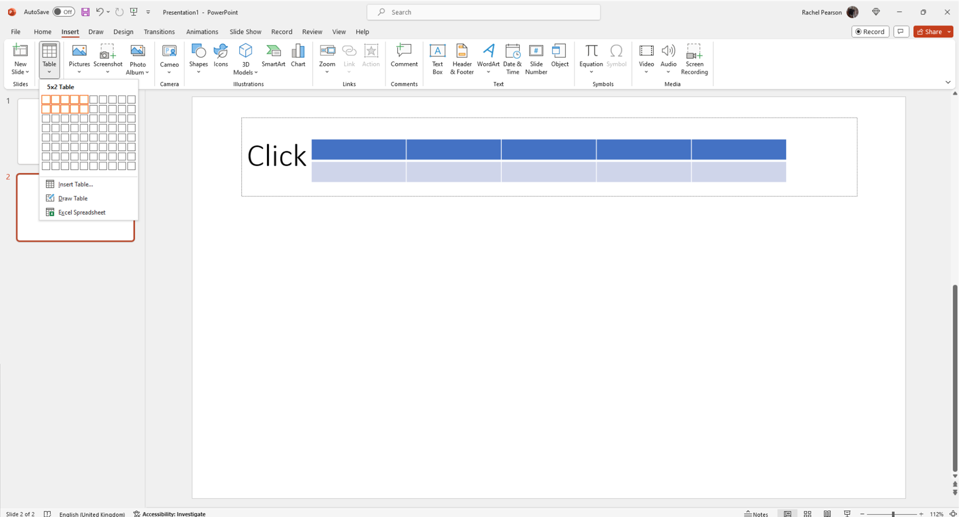 Inserting tables in PowerPoint: first way step 1