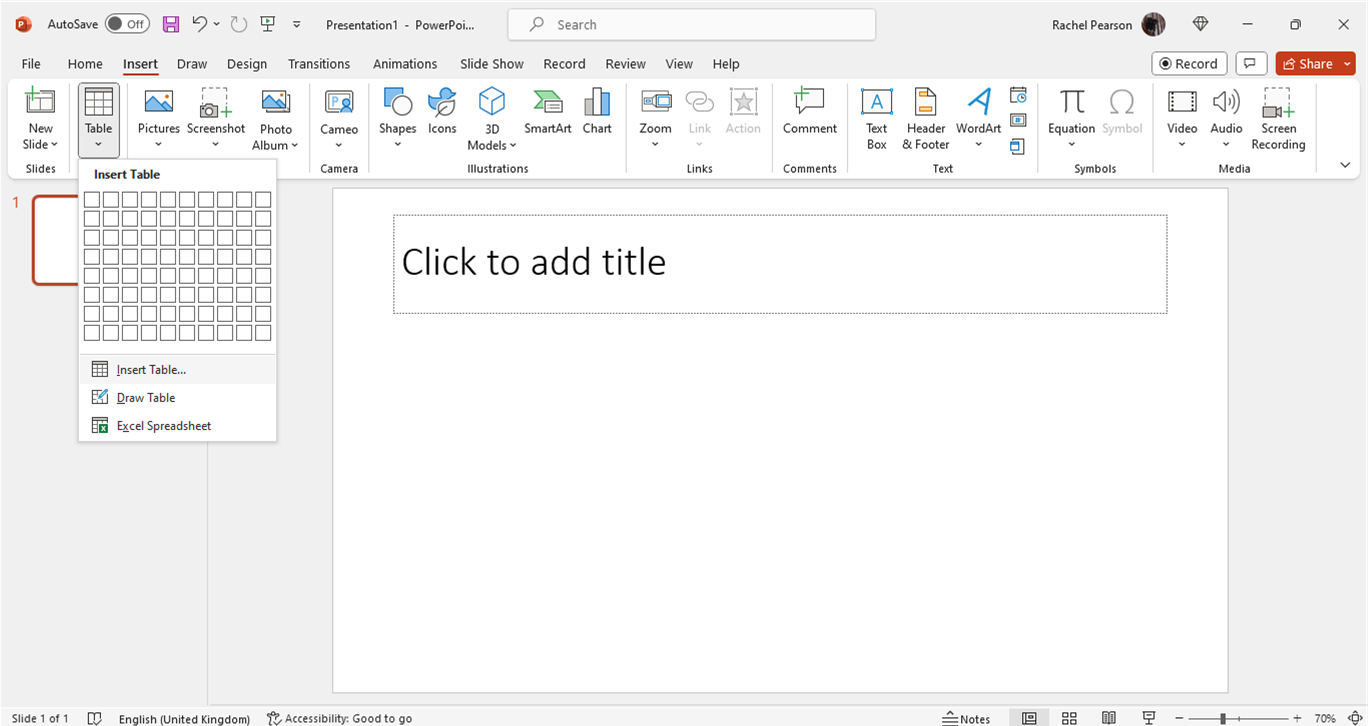 Inserting tables in PowerPoint: second way step 1