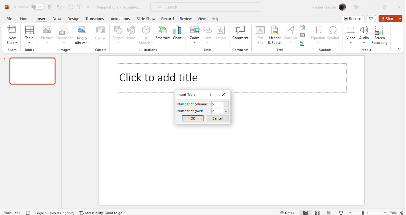 Inserting tables in PowerPoint: second way step 2