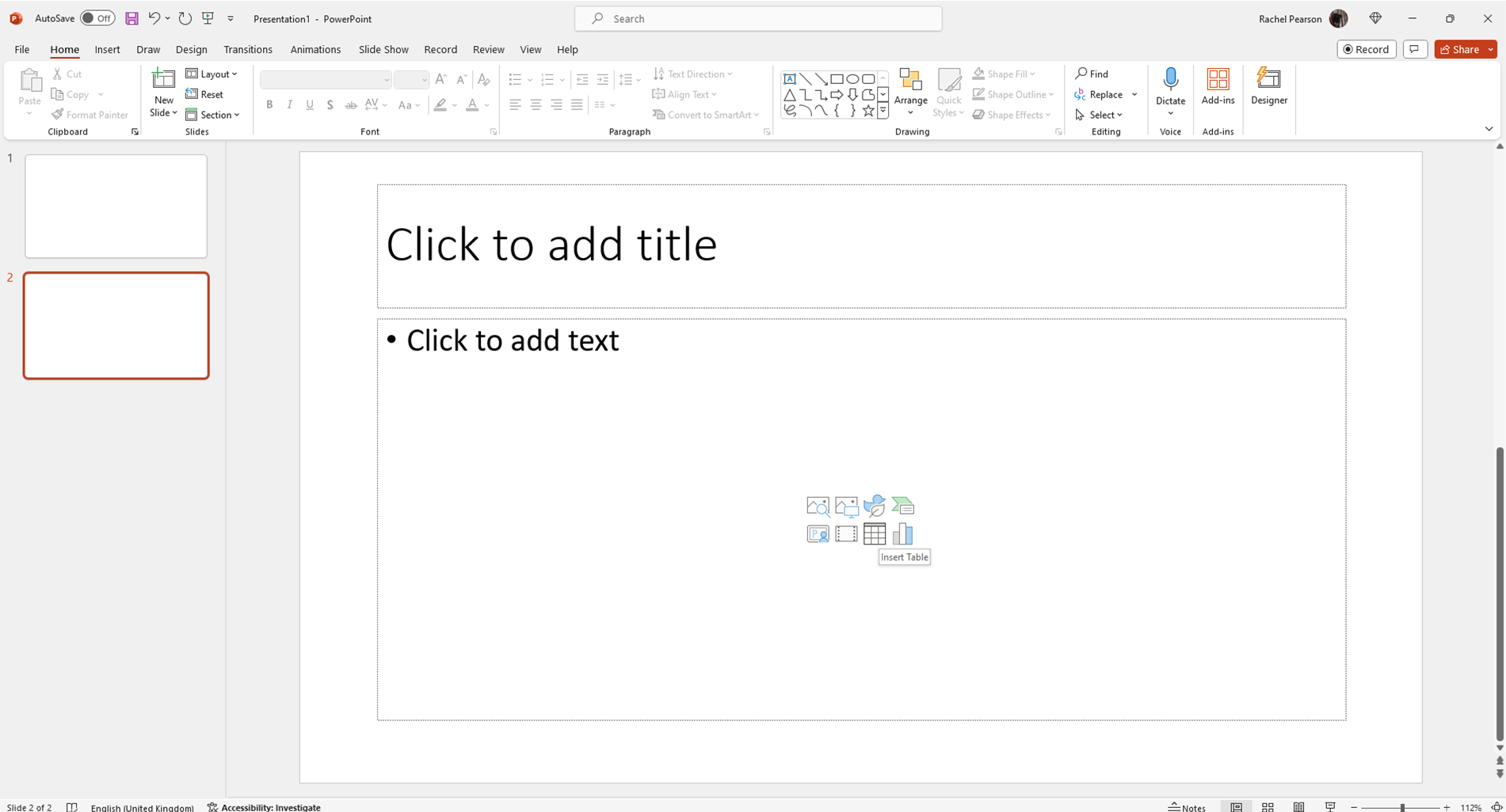 Inserting tables in PowerPoint: third way step 1