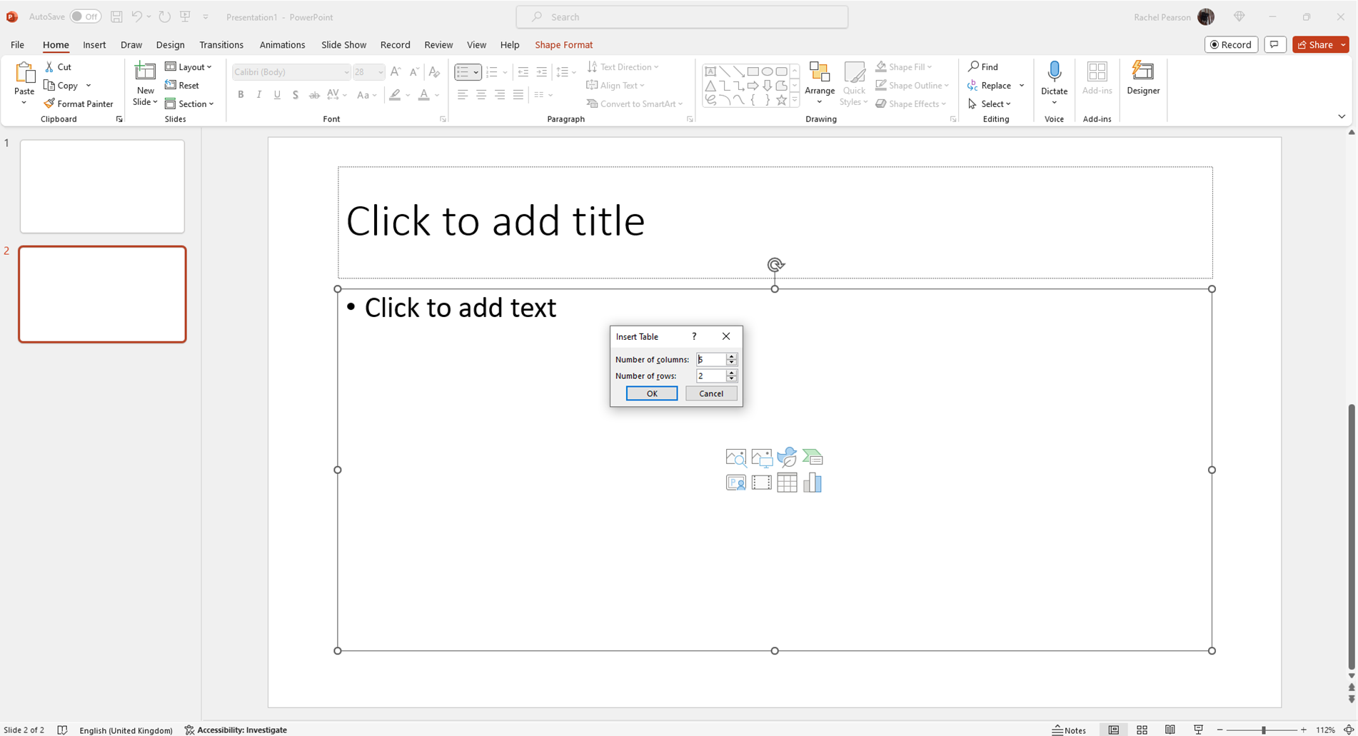 Inserting tables in PowerPoint: third way step 2
