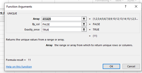 Excel missing numbers in a sequence - fx screenshot for unique formula