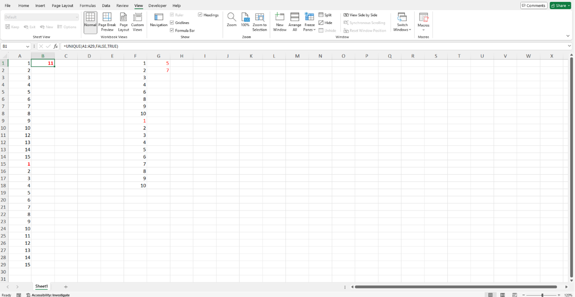 Excel missing numbers in a sequence - spreadsheet screenshot